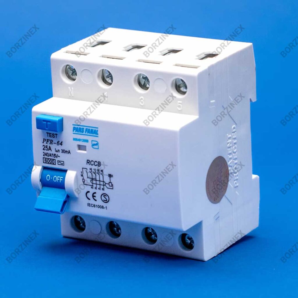 کلید محافظ جان پارس فانال 25 آمپر چهار پل مدل PFR‑64/25A – 300mA