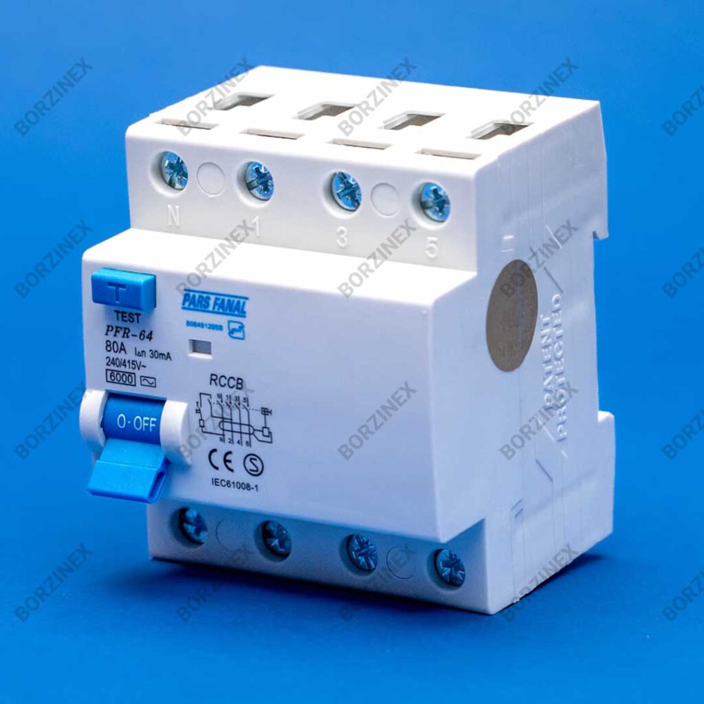 کلید محافظ جان پارس فانال 80 آمپر چهار پل مدل PFR‑64/80A – 300mA